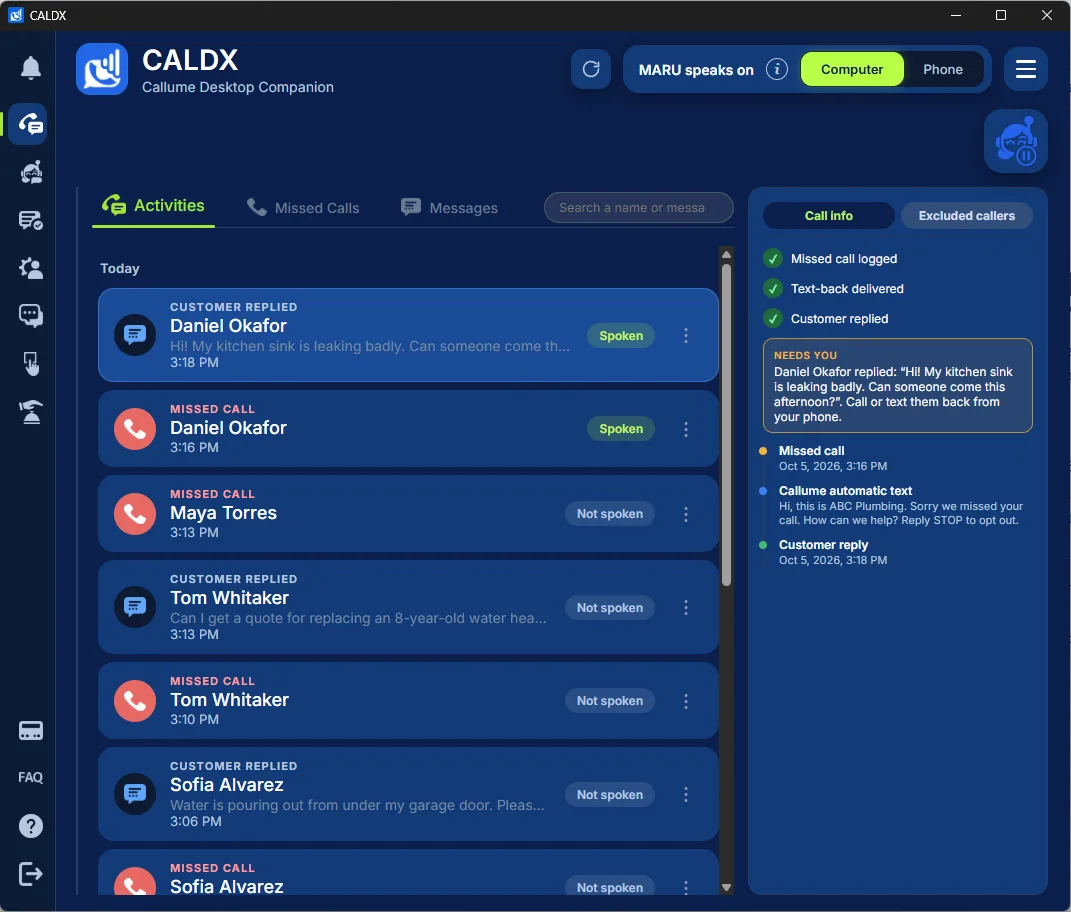 CALDX activity list with a call timeline