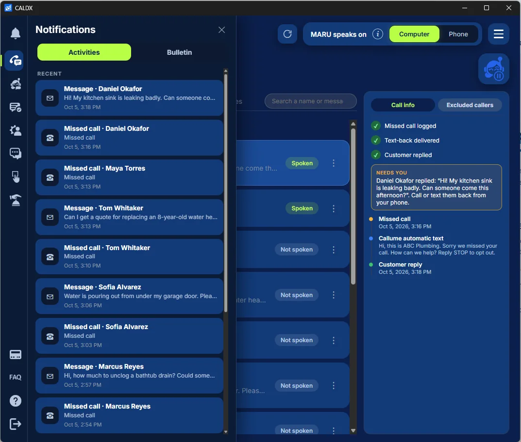 CALDX notifications panel
