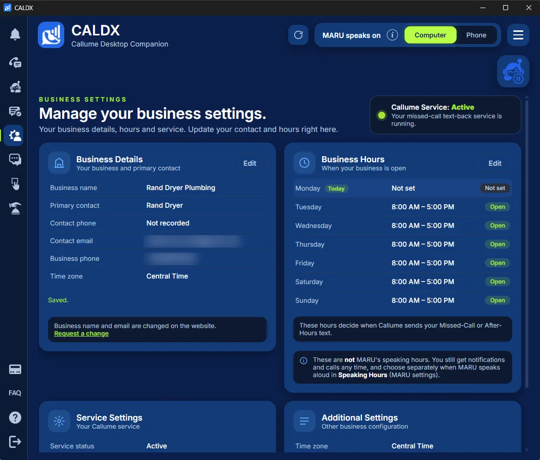 CALDX business settings