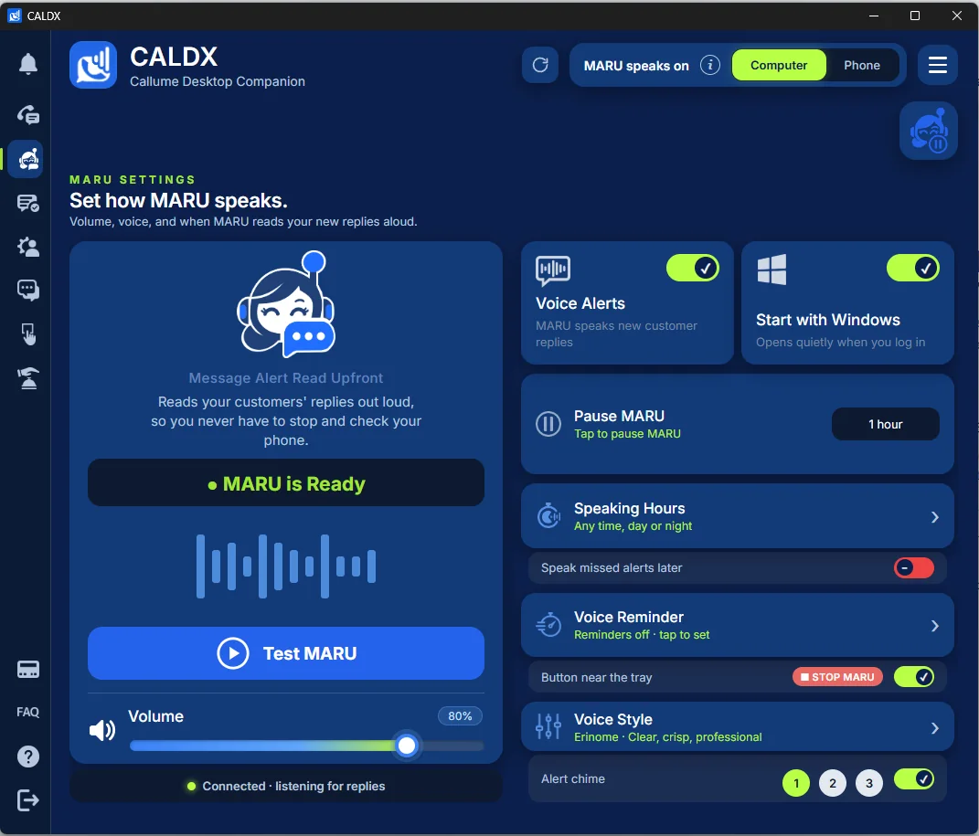 CALDX MARU settings with the speaking hours menu