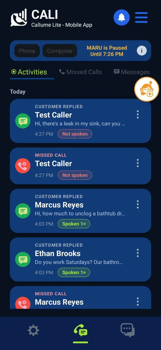 CALI activity list showing missed calls and customer replies