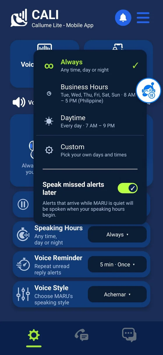 CALI Speaking Hours menu